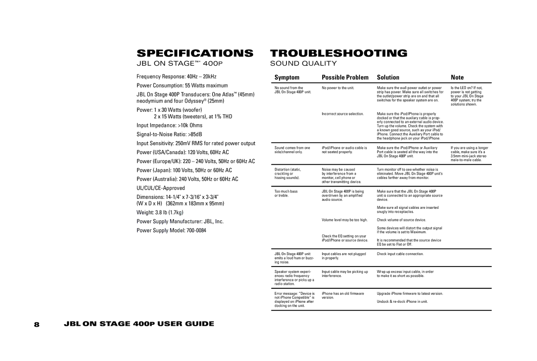 JBL 400P manual Specifications, Troubleshooting, Symptom, Solution 