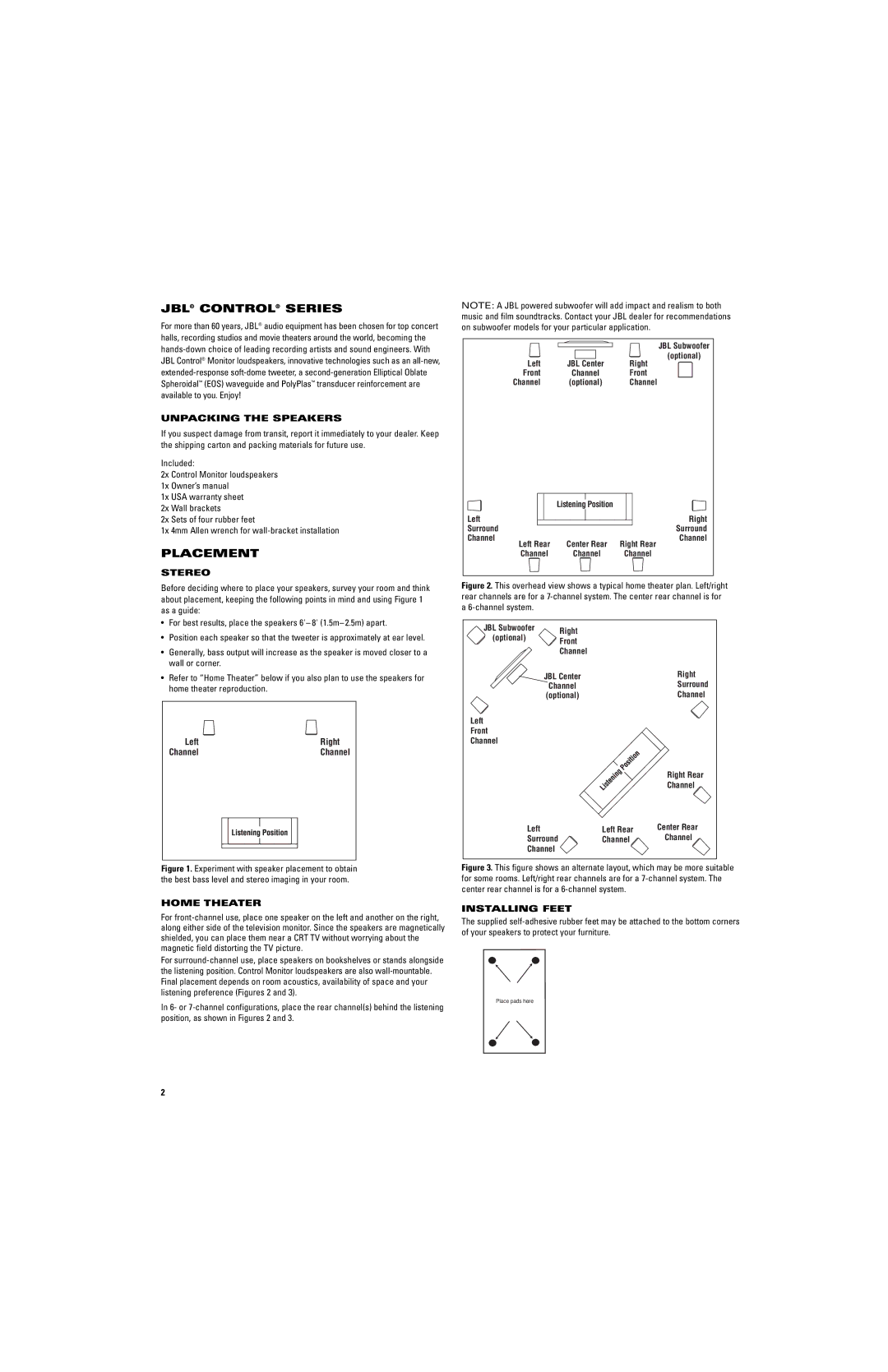 JBL 406-000-05970-E manual JBL Control Series, Placement 