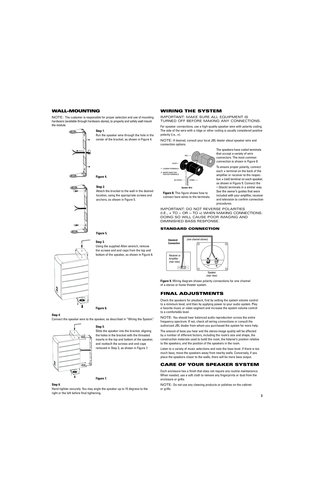 JBL 406-000-05970-E Wall-Mounting, Wiring the System, Final Adjustments, Care of Your Speaker System, Standard Connection 