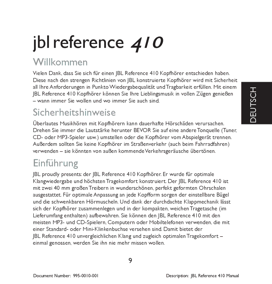 JBL 410 manual Willkommen, Sicherheitshinweise, Einführung 