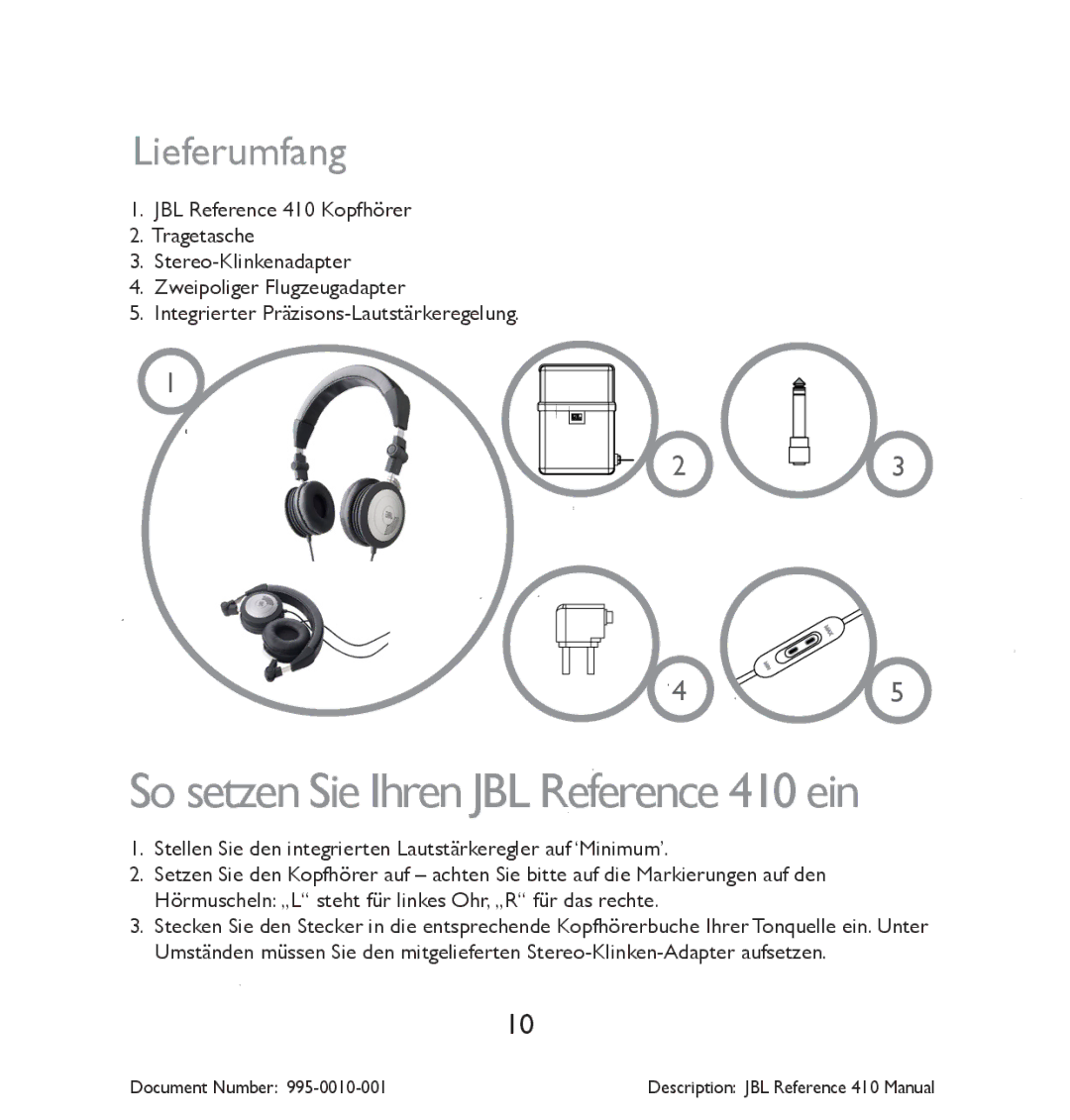 JBL manual So setzen Sie Ihren JBL Reference 410 ein, Lieferumfang 