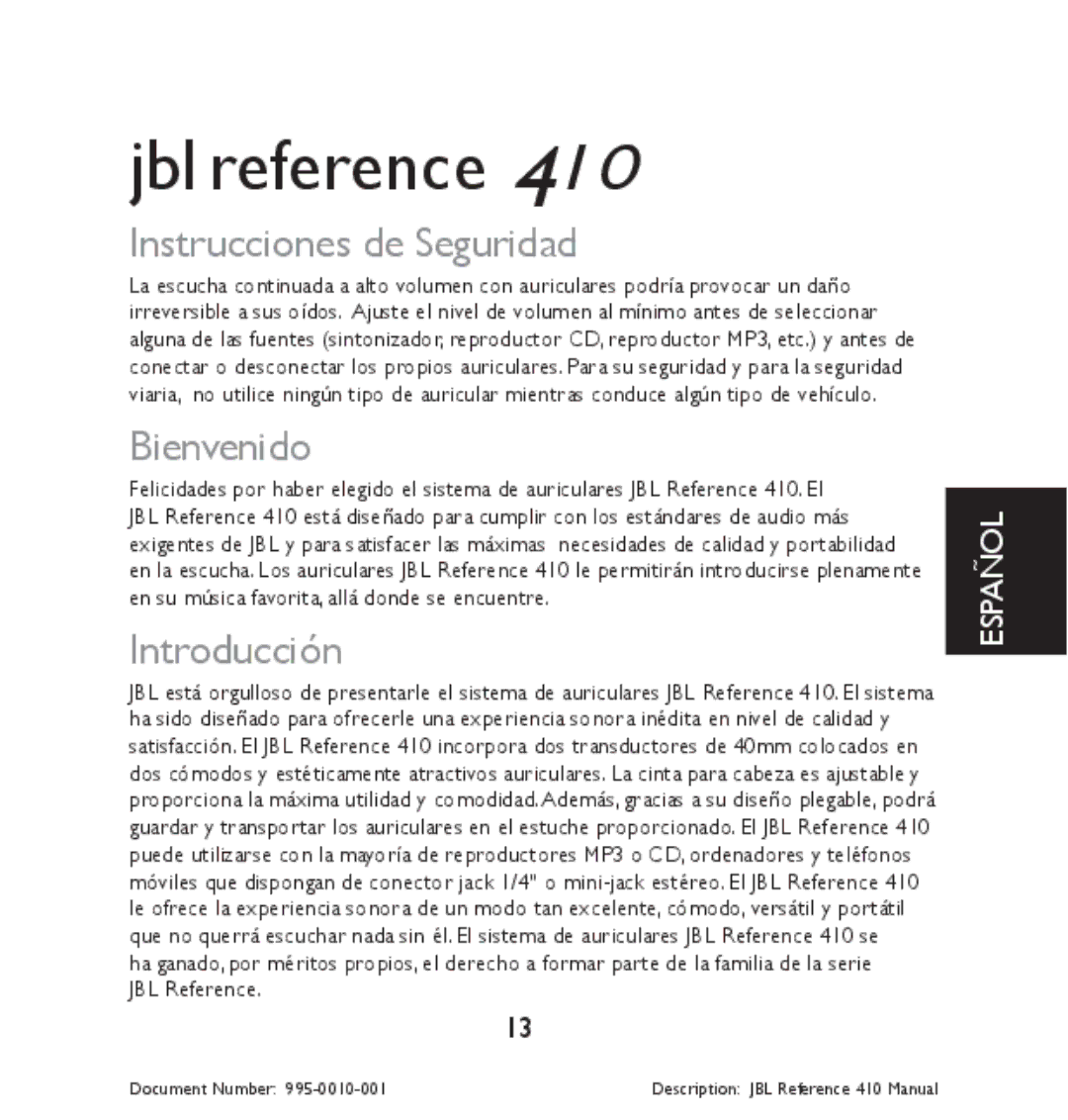 JBL 410 manual Instrucciones de Seguridad, Bienvenido, Introducción 