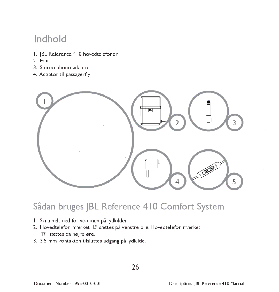 JBL manual Indhold, Sådan bruges JBL Reference 410 Comfort System 