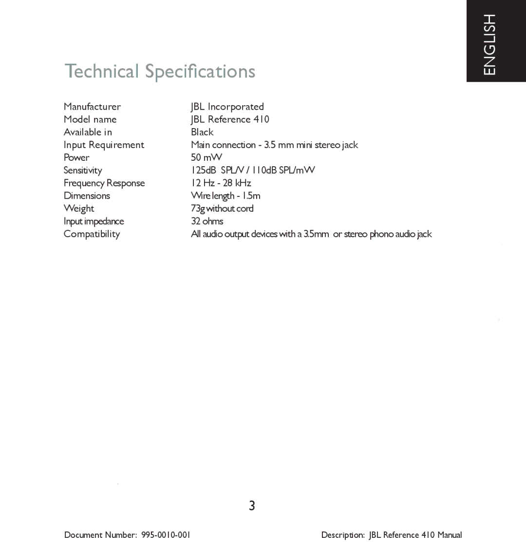 JBL 410 manual Technical Specifications 