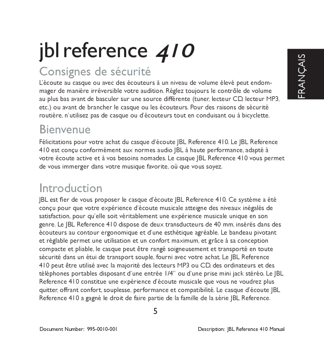 JBL 410 manual Consignes de sécurité, Bienvenue 