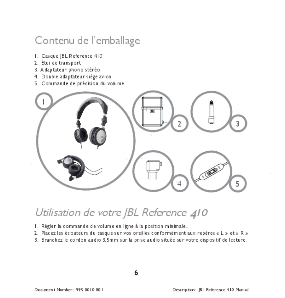 JBL 410 manual Contenu de l’emballage, Utilisation de votre JBL Reference 