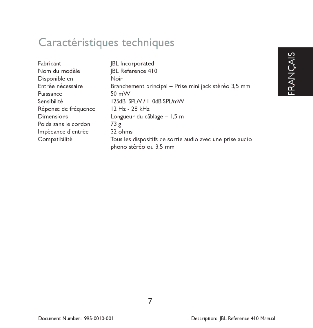 JBL 410 manual Caractéristiques techniques 