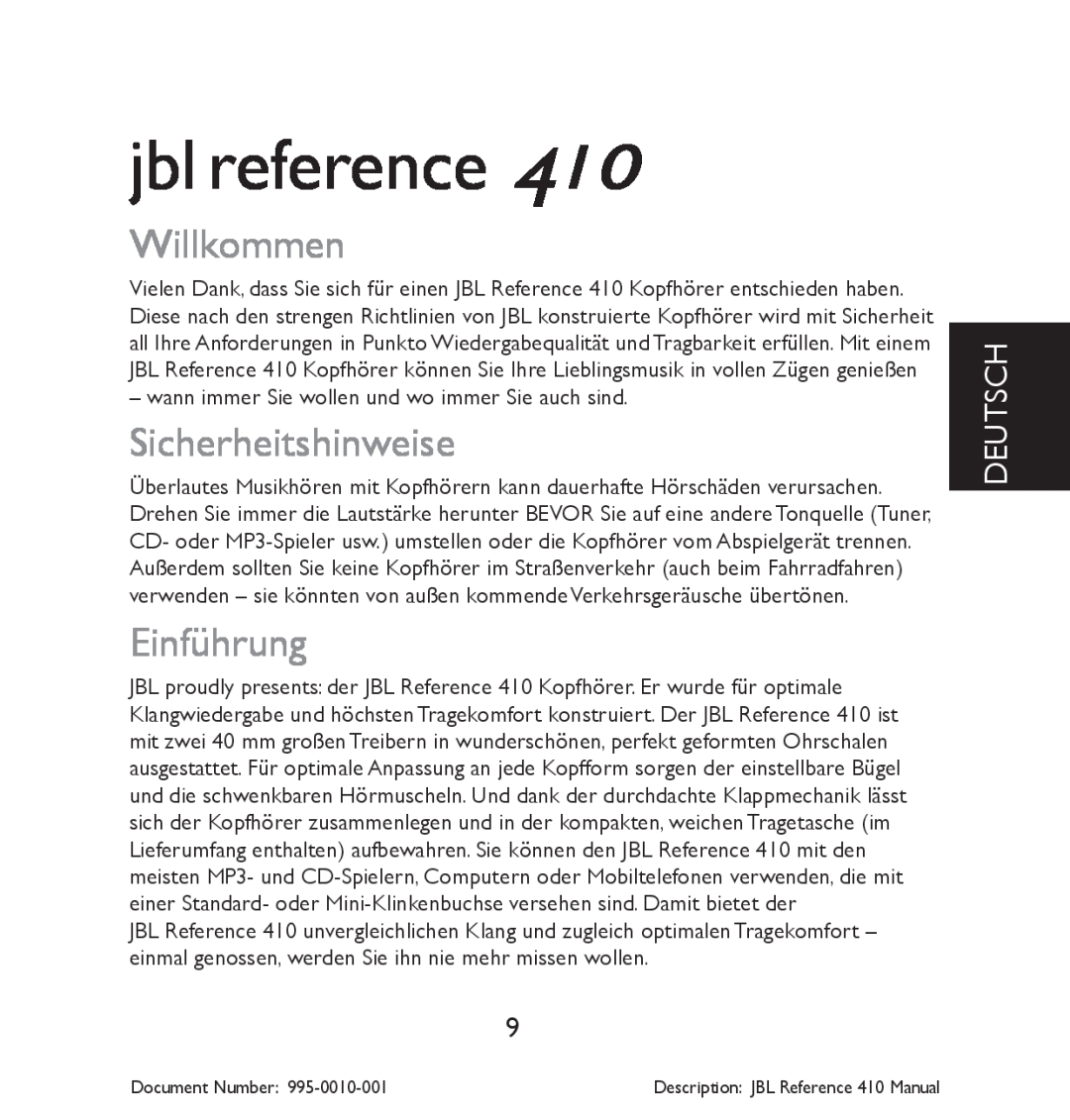 JBL 410 manual Willkommen, Sicherheitshinweise, Einführung, Deutsch, jbl reference 