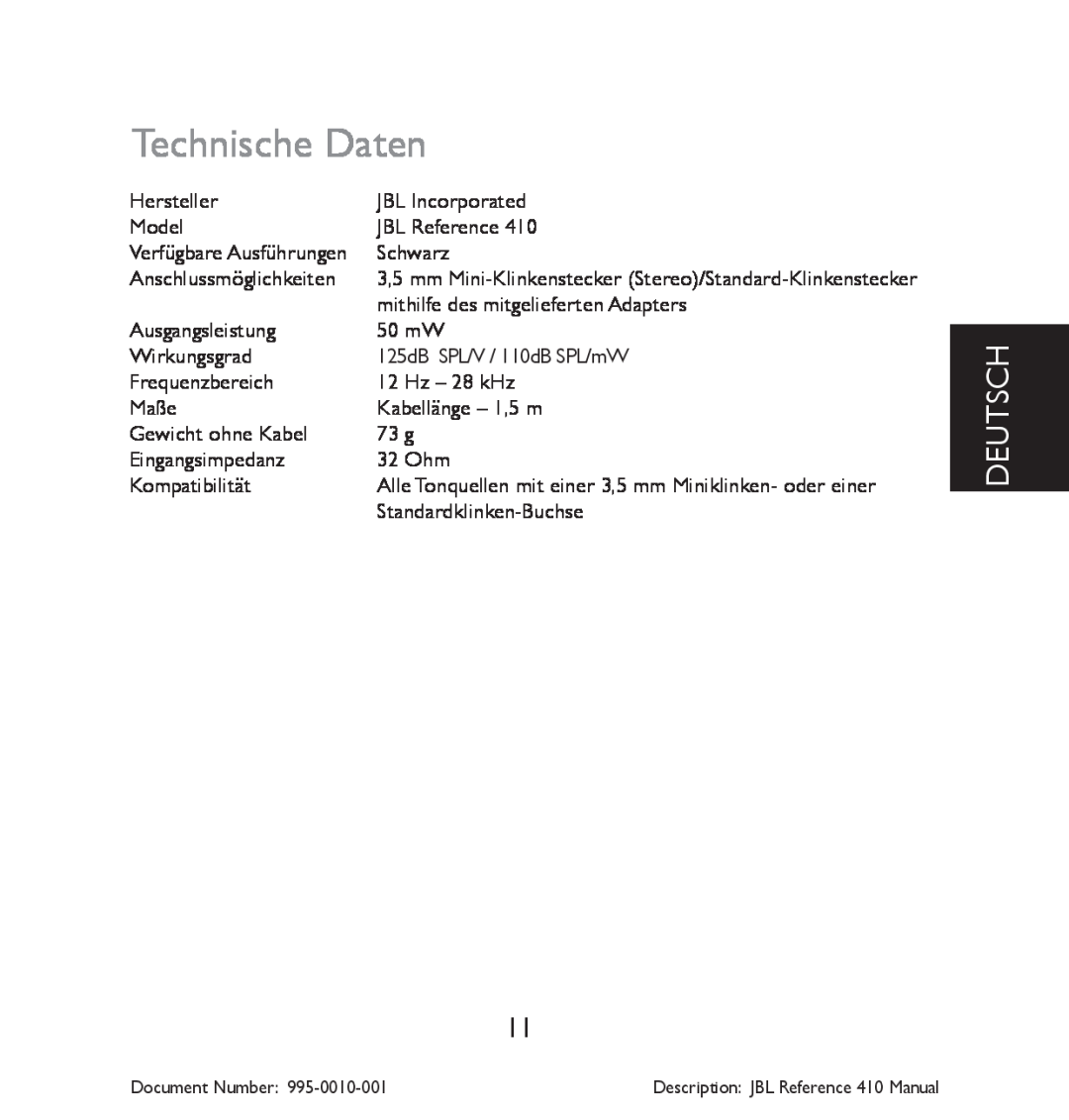 JBL 410 manual Technische Daten, Deutsch 