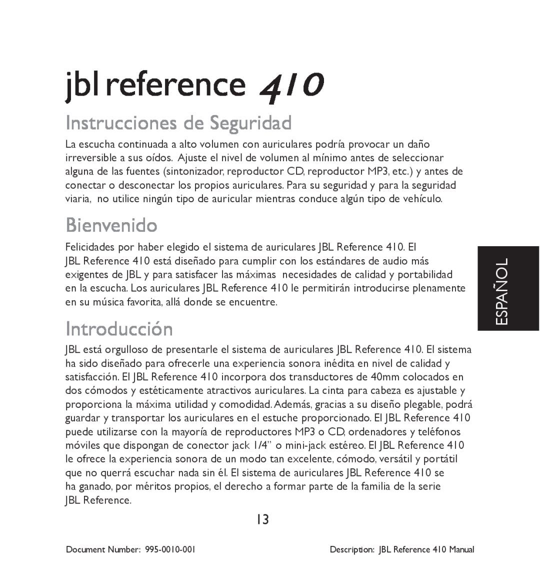 JBL 410 manual Instrucciones de Seguridad, Bienvenido, Introducción, Español, jbl reference 