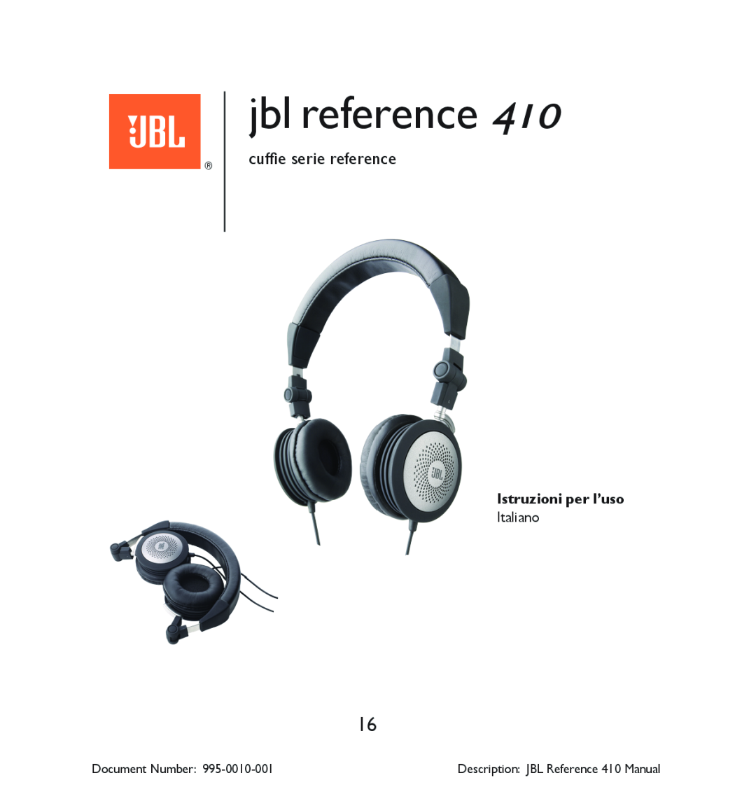 JBL cuffie serie reference, Istruzioni per l’uso, jbl reference, Document Number, Description JBL Reference 410 Manual 
