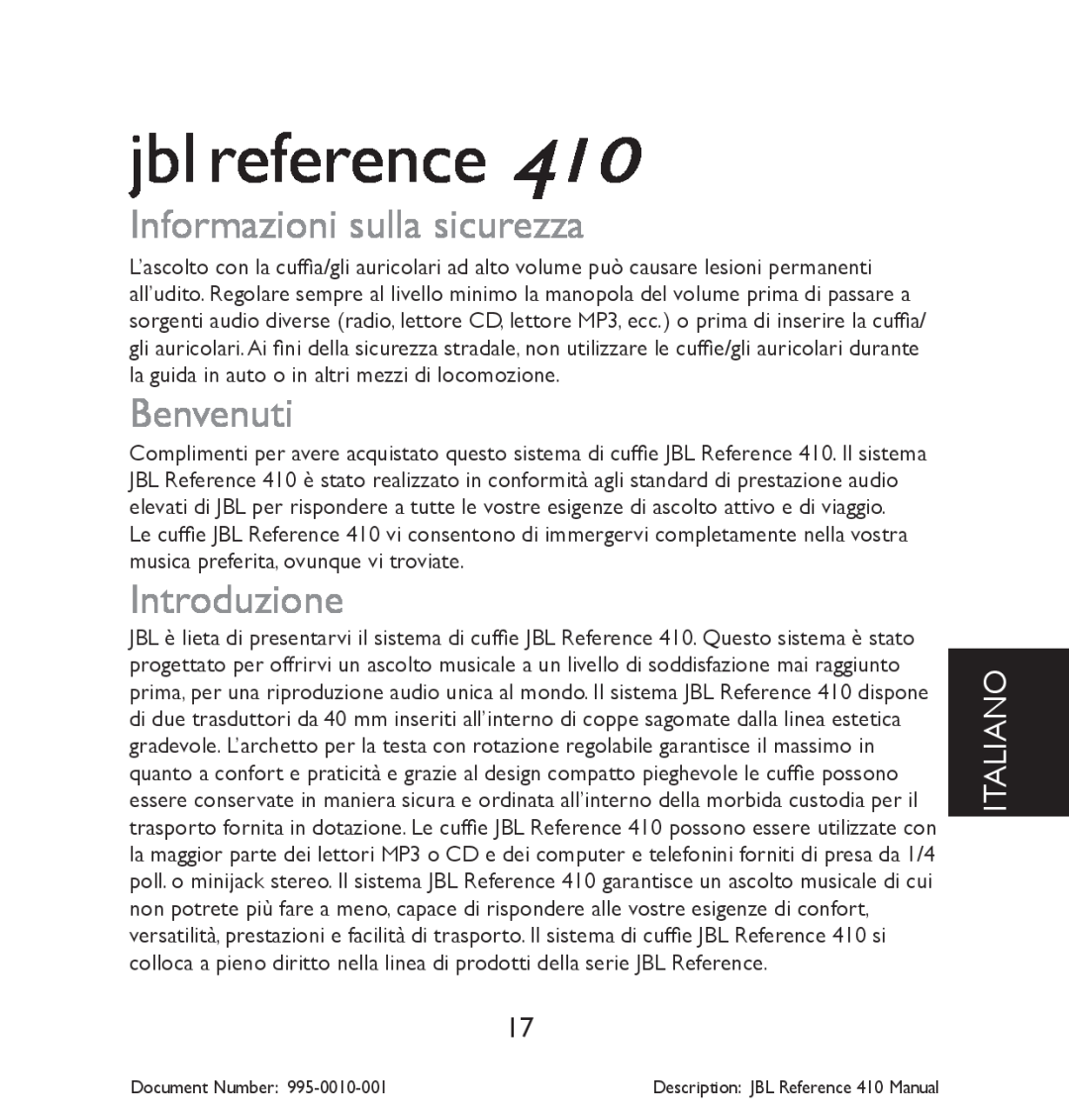 JBL 410 manual Informazioni sulla sicurezza, Benvenuti, Introduzione, Italiano, jbl reference 