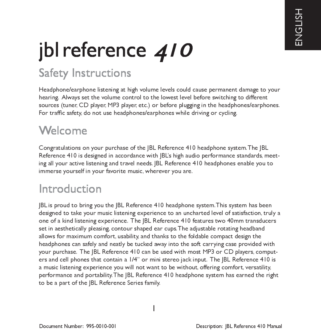 JBL 410 manual jbl reference, Safety Instructions, Welcome, Introduction, English 