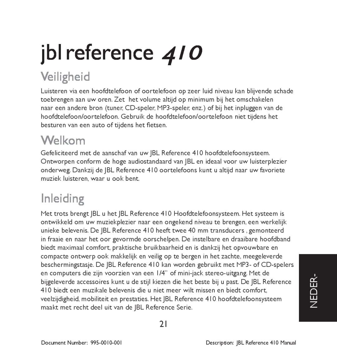 JBL 410 manual Veiligheid, Welkom, Inleiding, Neder, jbl reference 