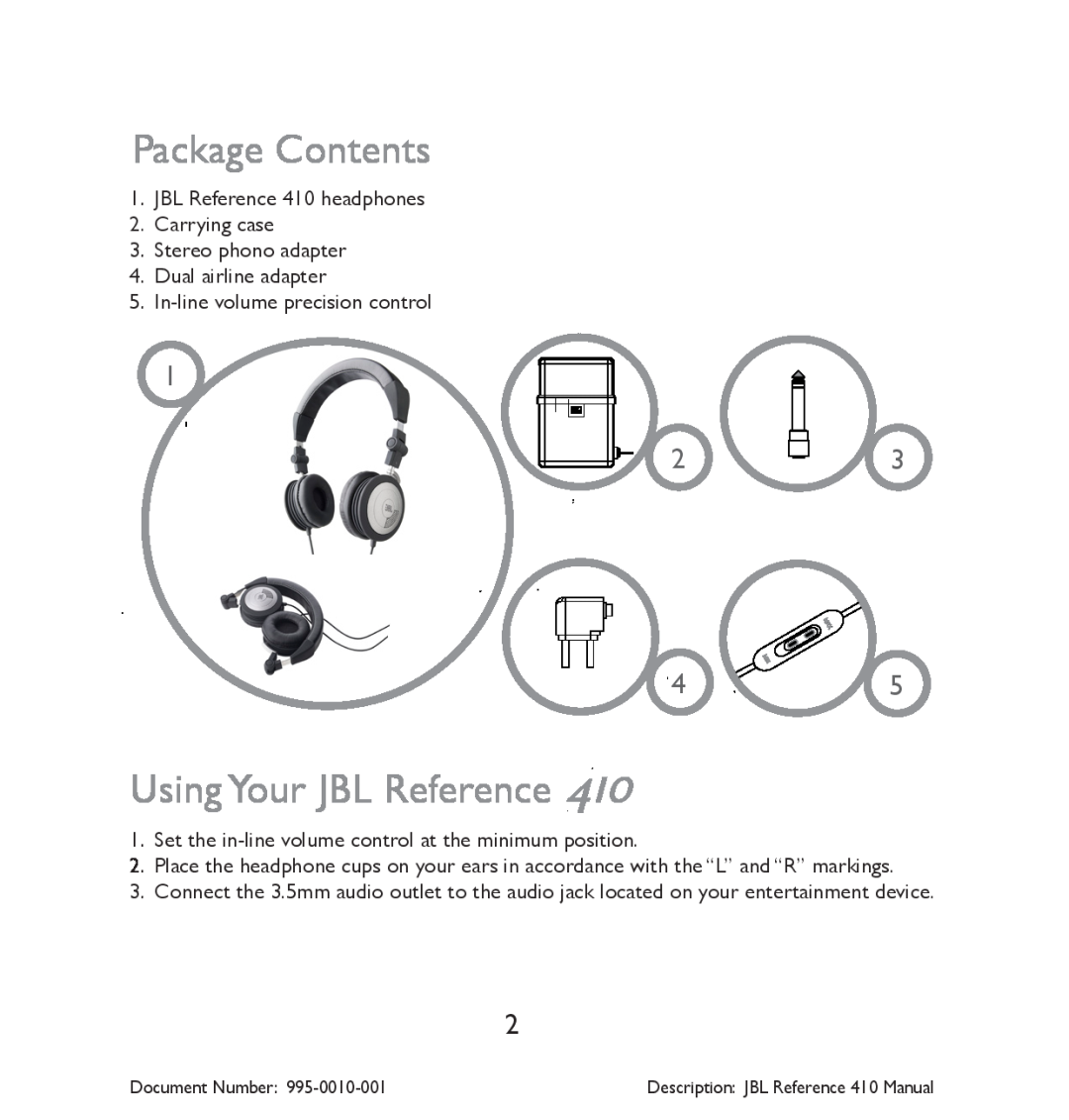 JBL 410 manual Package Contents, Using Your JBL Reference 