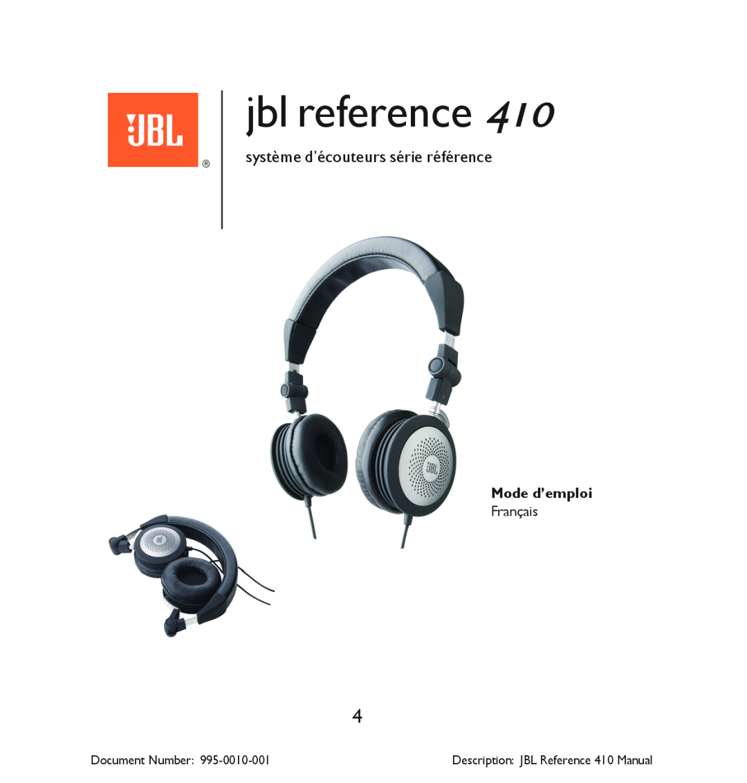 JBL 410 manual système d’écouteurs série référence, Mode d’emploi, jbl reference, Document Number 