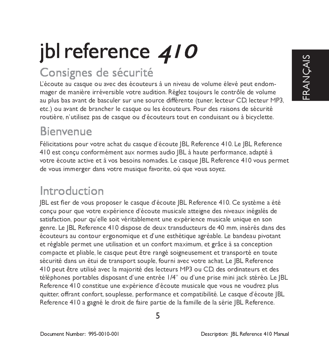 JBL 410 manual Consignes de sécurité, Bienvenue, Français, jbl reference, Introduction 