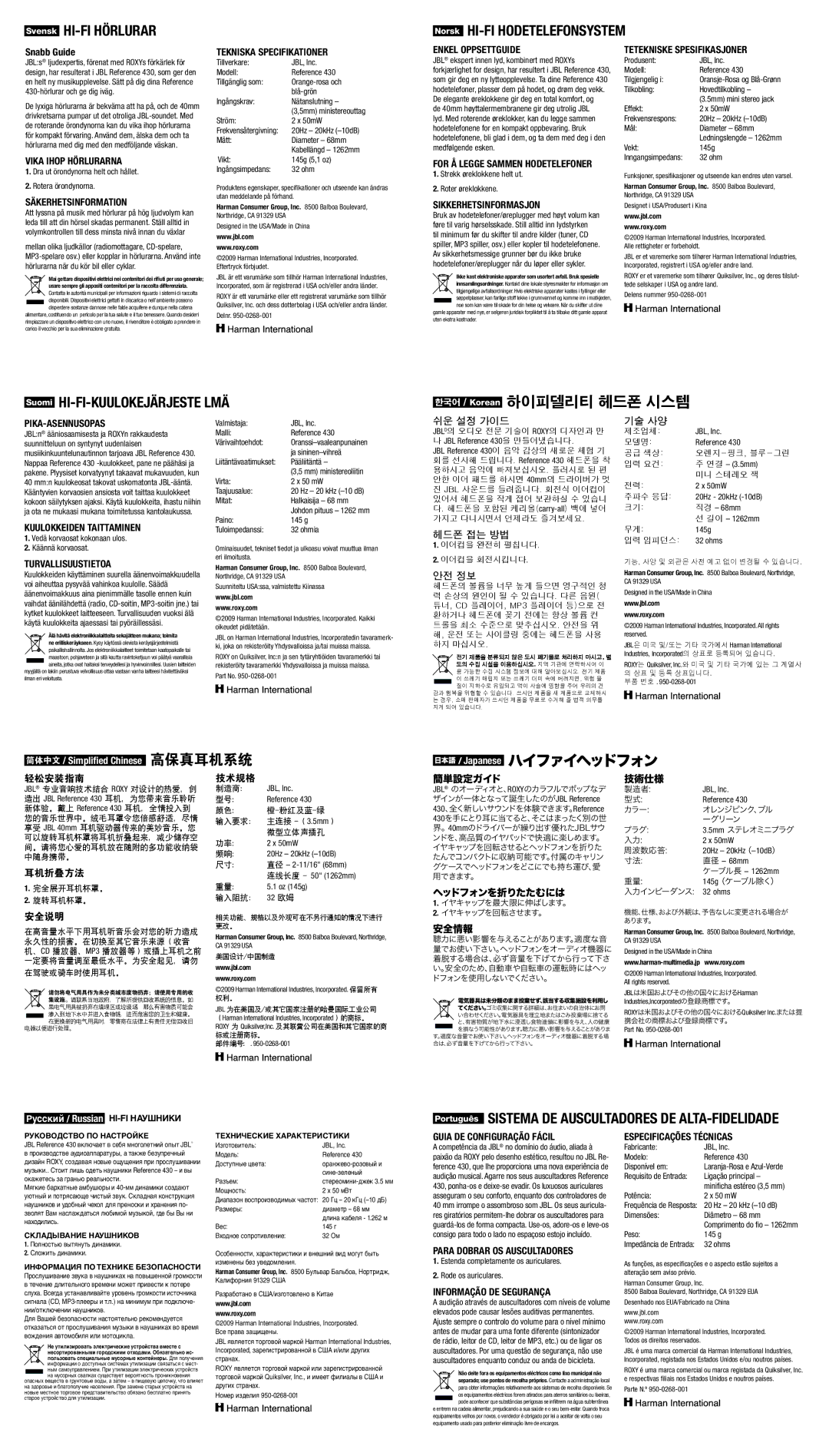 JBL 430 Vika Ihop Hörlurarna, Säkerhetsinformation, Tekniska Specifikationer, Enkel Oppsettguide, Sikkerhetsinformasjon 