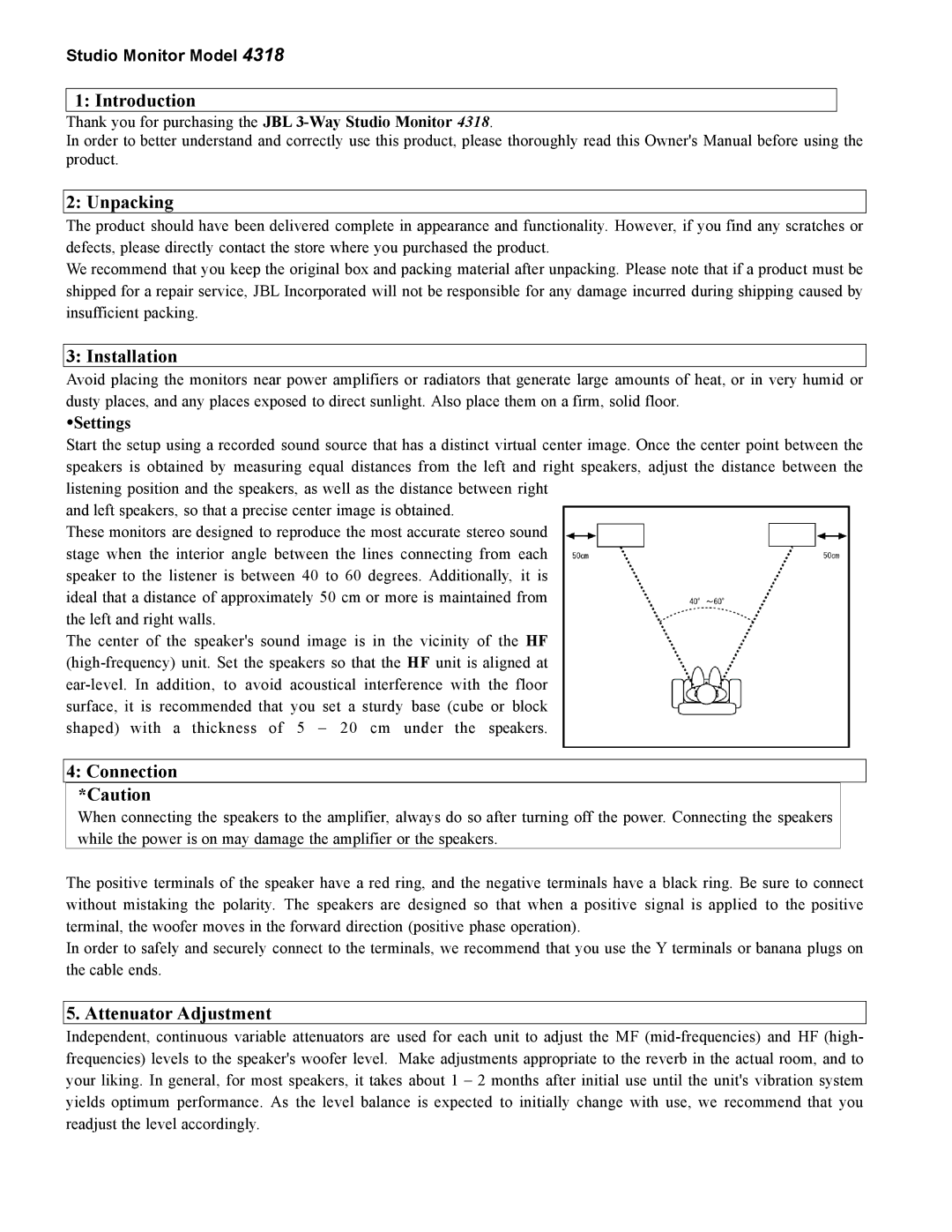 JBL 4318 owner manual Introduction, Unpacking, Installation, Connection *Caution, Attenuator Adjustment 