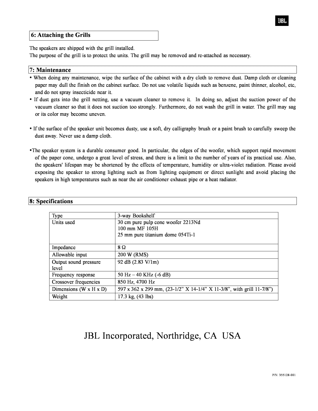 JBL 4318 owner manual Attaching the Grills, Maintenance, Specifications, JBL Incorporated, Northridge, CA USA 