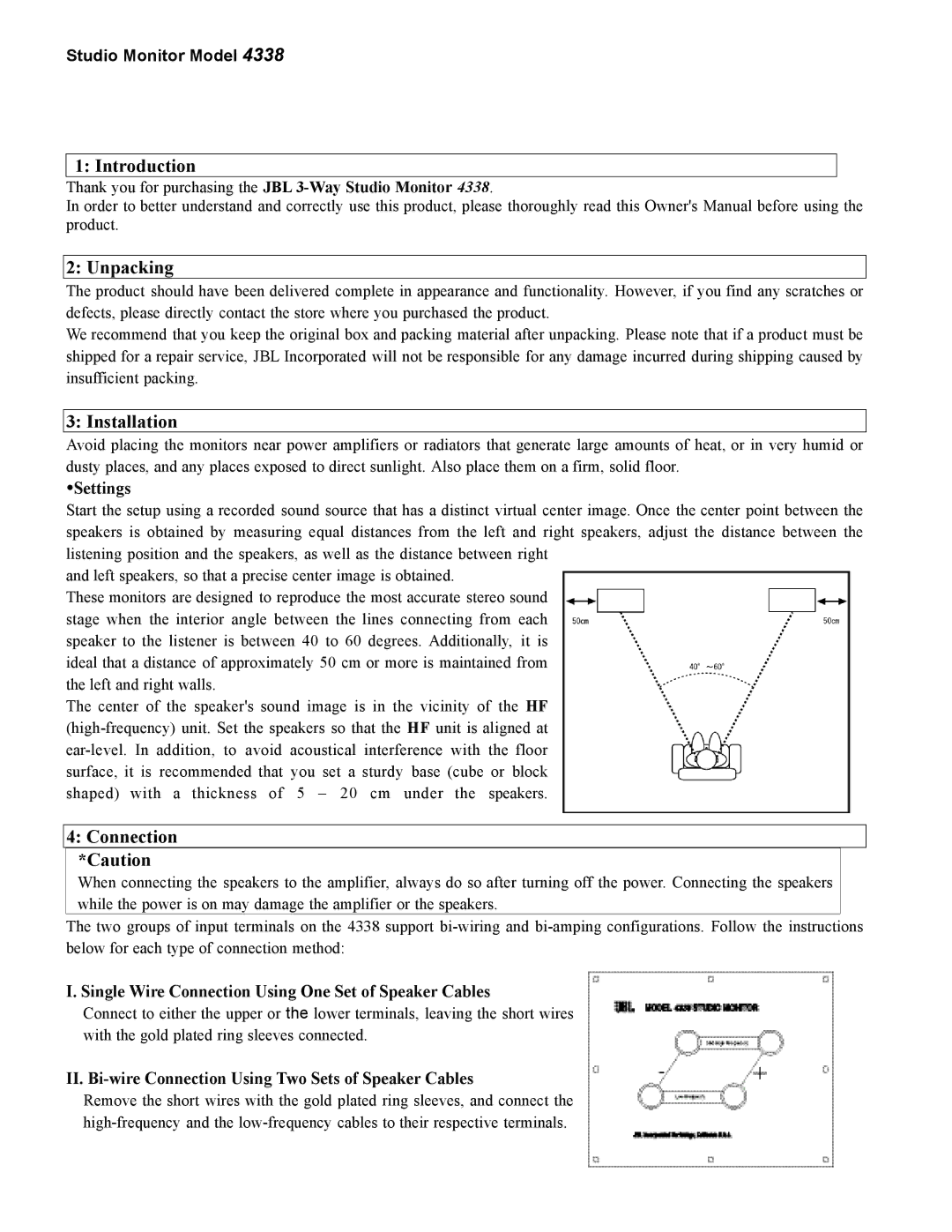 JBL 4338 owner manual Introduction, Unpacking, Installation, Connection *Caution 