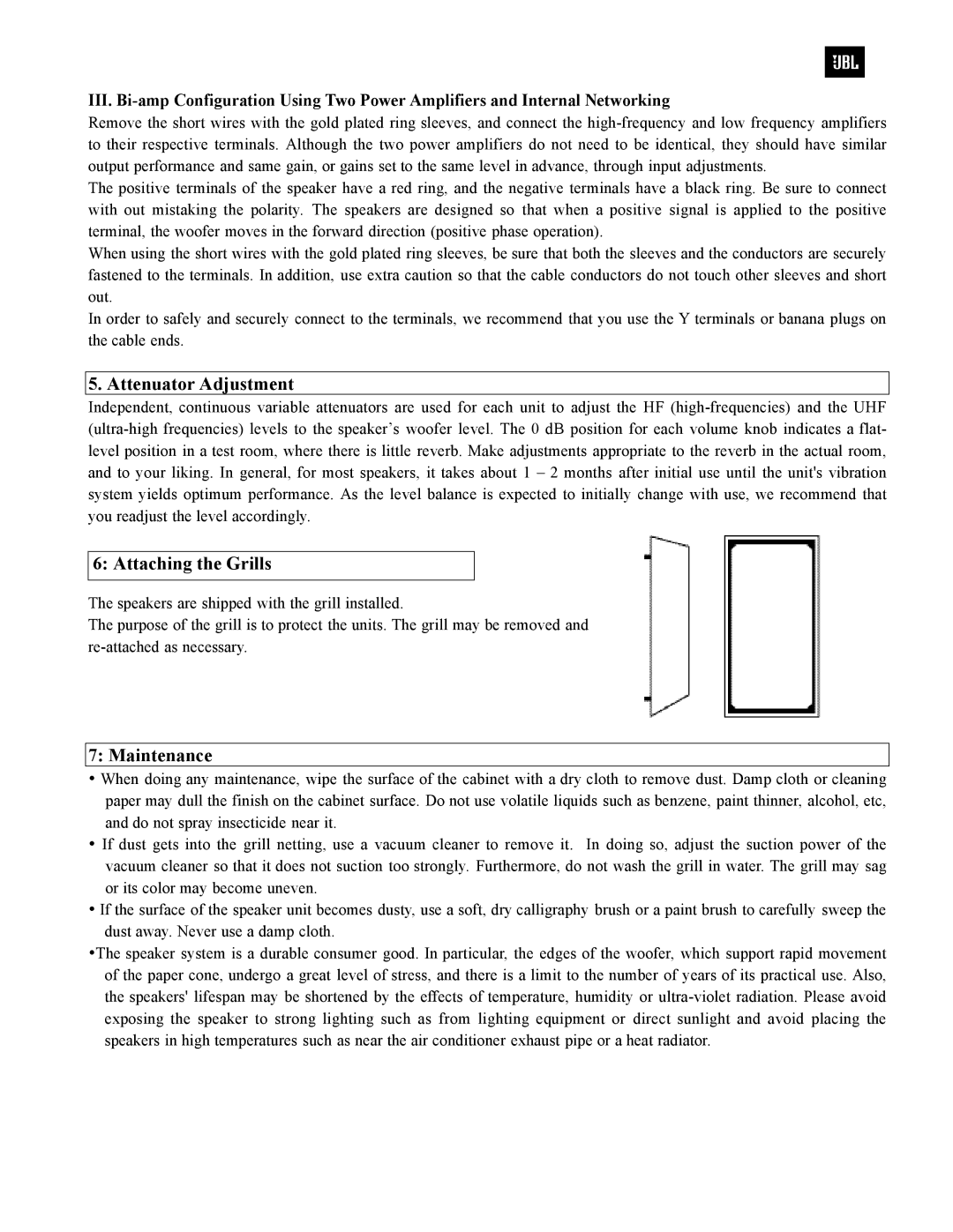 JBL 4338 owner manual Attenuator Adjustment, Attaching the Grills, Maintenance 