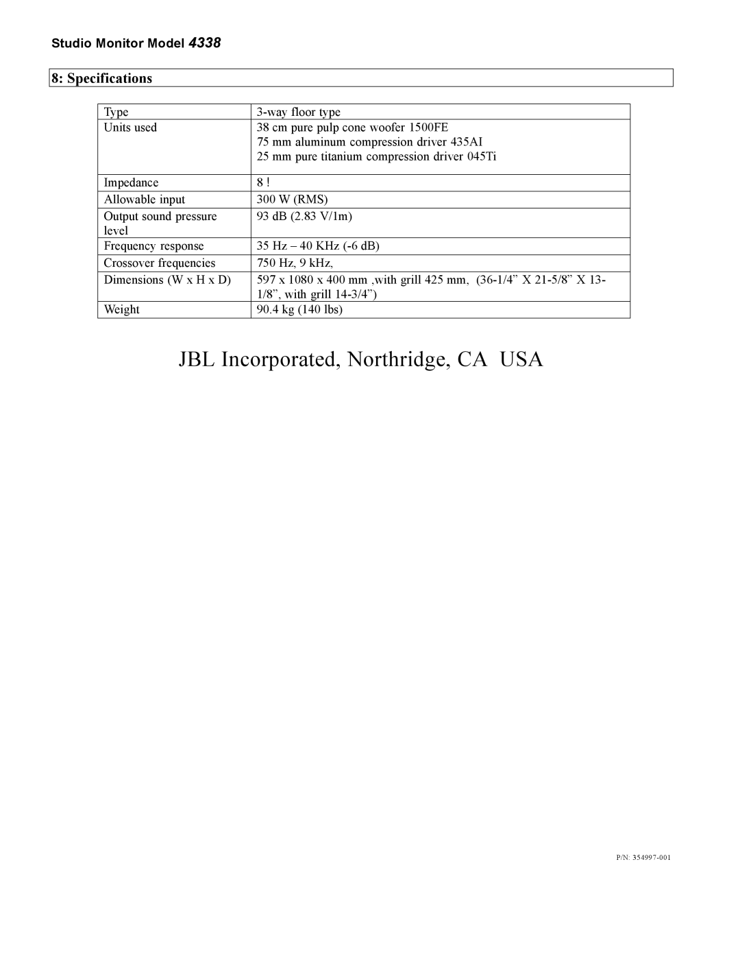 JBL 4338 owner manual Specifications 