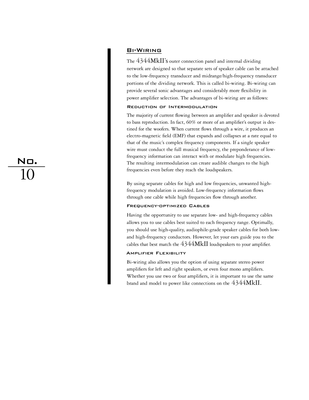 JBL 4344MKII manual Bi-Wiring, Reduction of Intermodulation, Frequency-optimized Cables, Amplifier Flexibility 