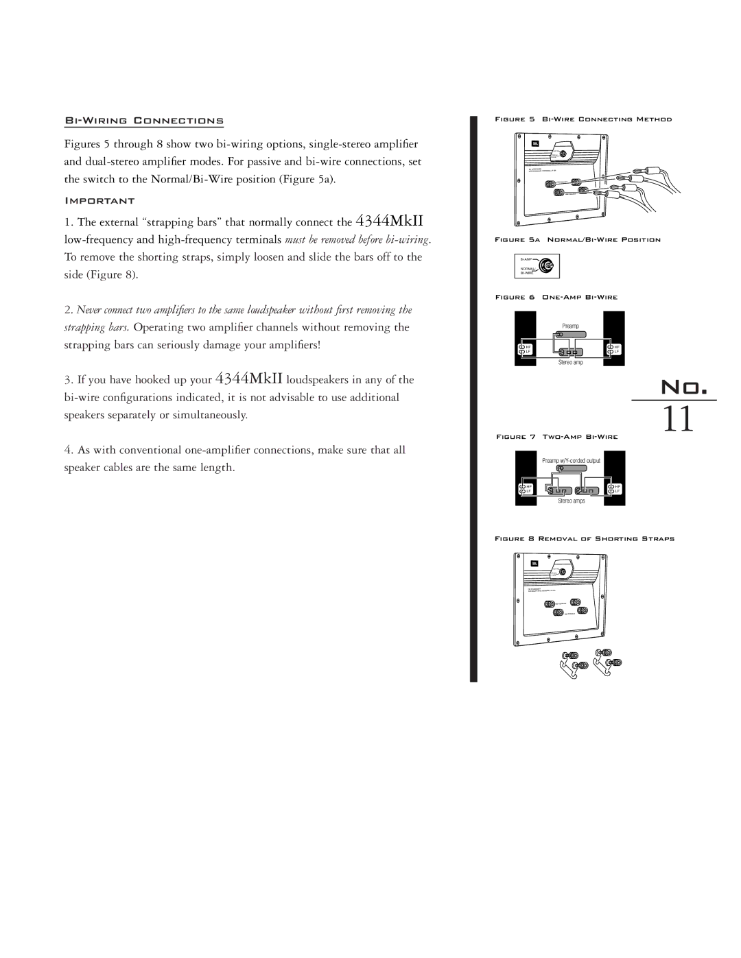 JBL 4344MKII manual Bi-Wiring Connections, Preamp w/Y-corded output Stereo amps 