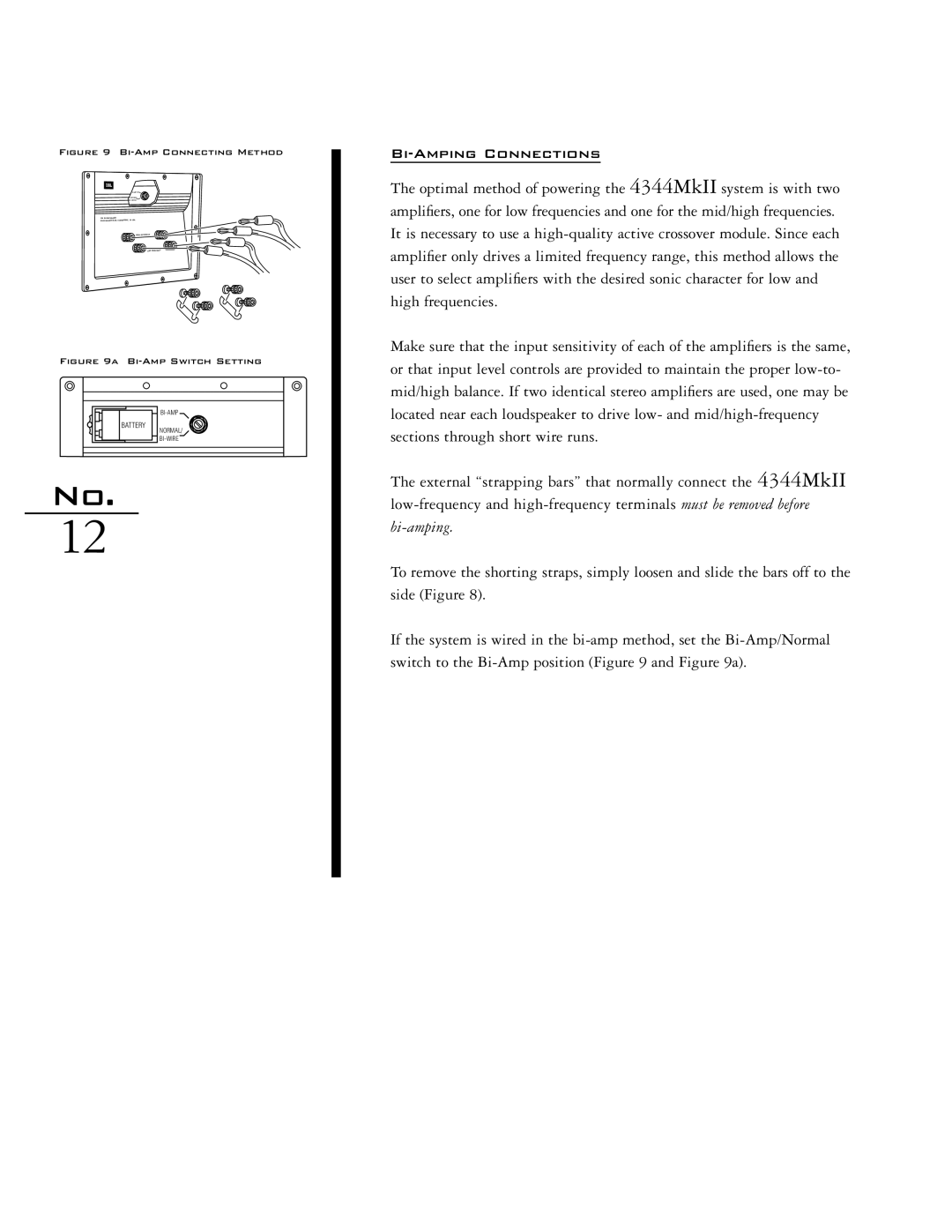 JBL 4344MKII manual Bi-Amping Connections, Bi-Amp Connecting Method 