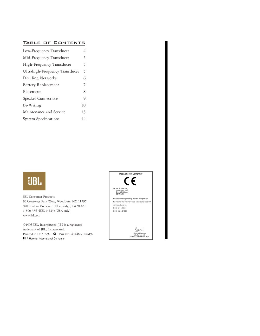 JBL 4344MKII manual Table of Contents 