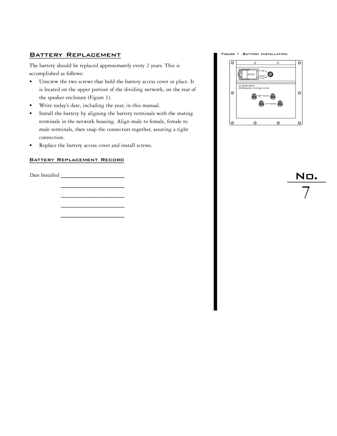 JBL 4344MKII manual Battery Replacement Record 