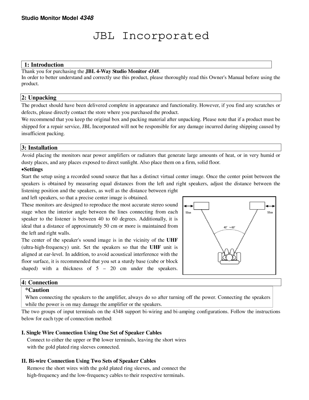 JBL 4348 owner manual Introduction, Unpacking, Installation, Connection *Caution 