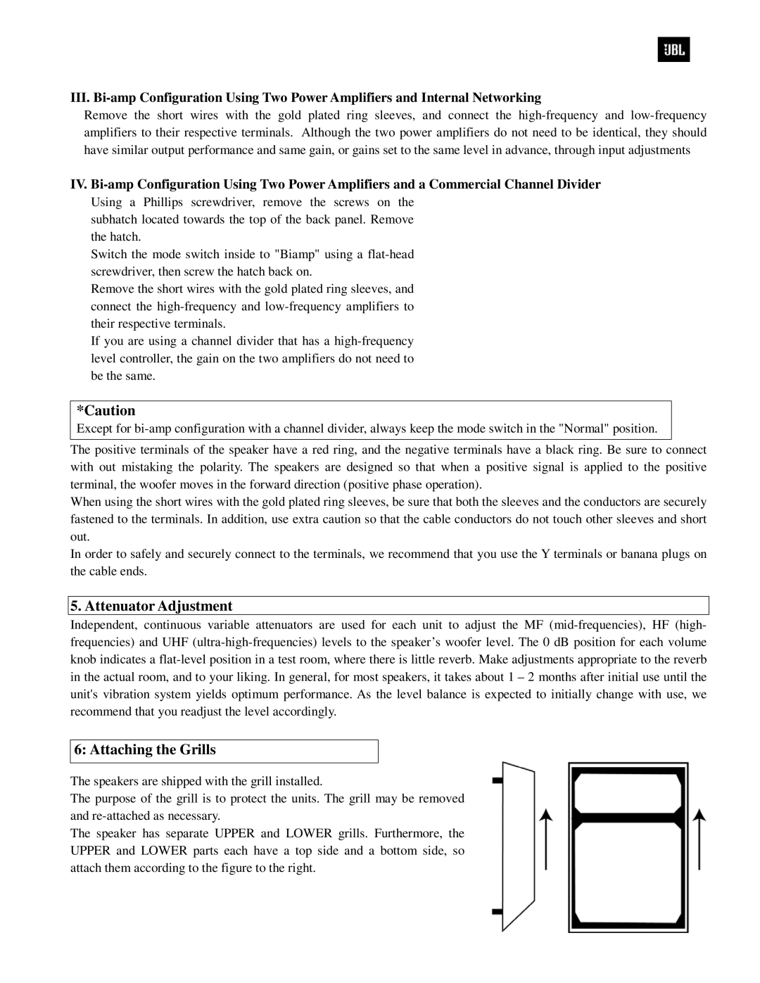 JBL 4348 owner manual Attenuator Adjustment, Attaching the Grills 