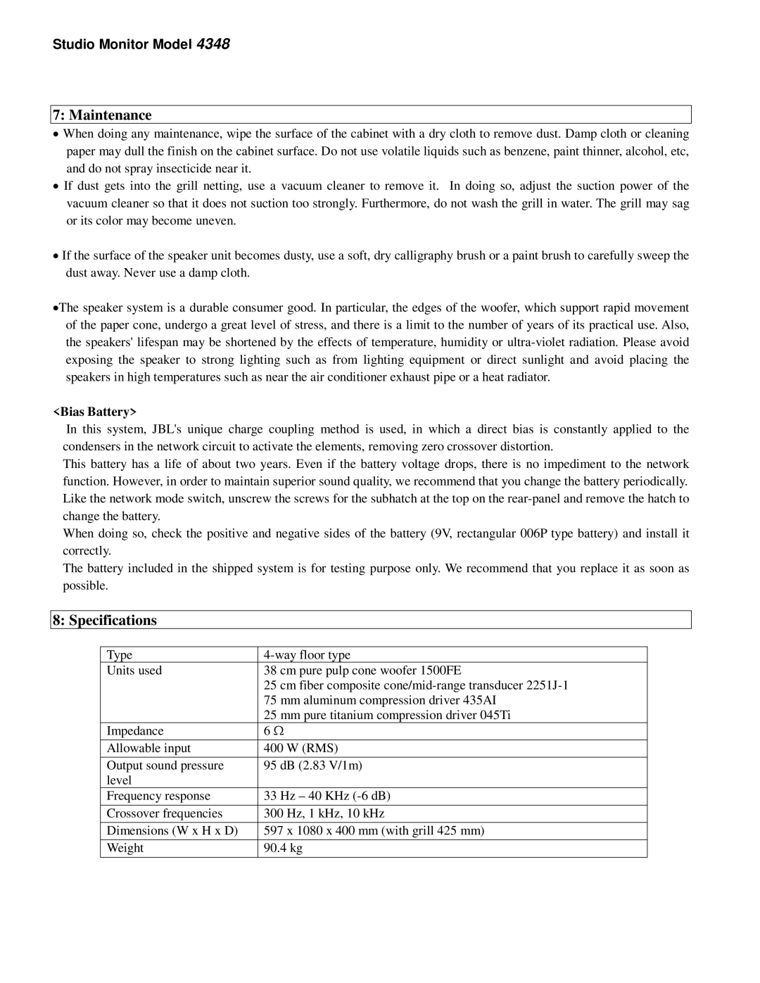 JBL 4348 owner manual Maintenance, Specifications 