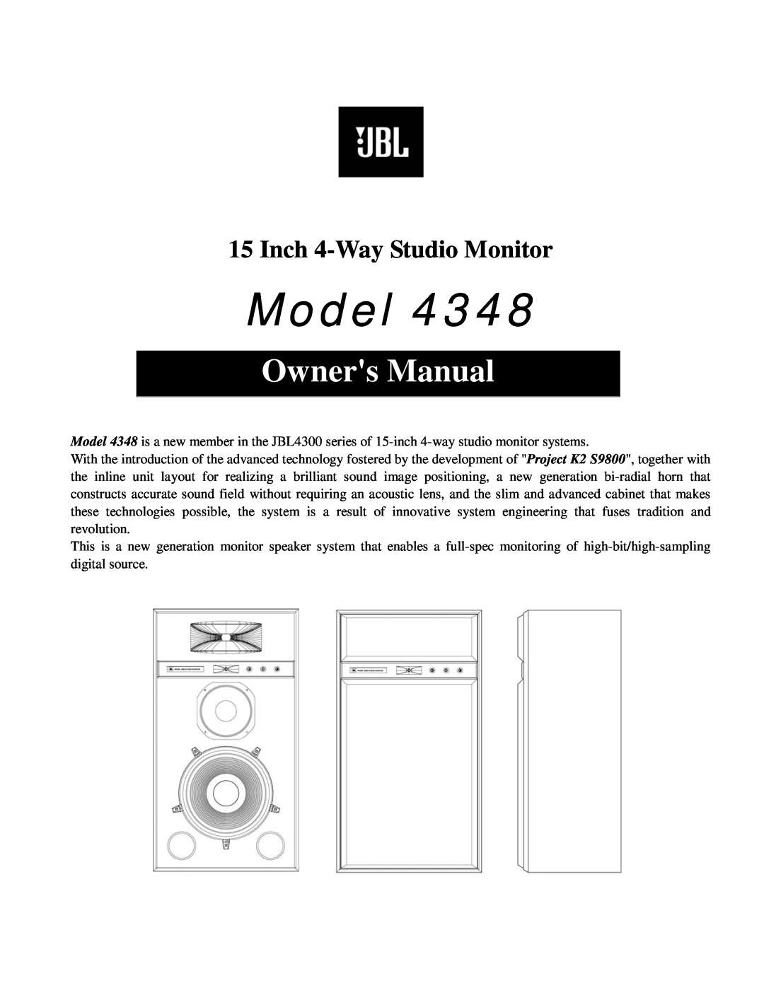 JBL 4348 owner manual Model, Owners Manual, Inch 4-Way Studio Monitor 
