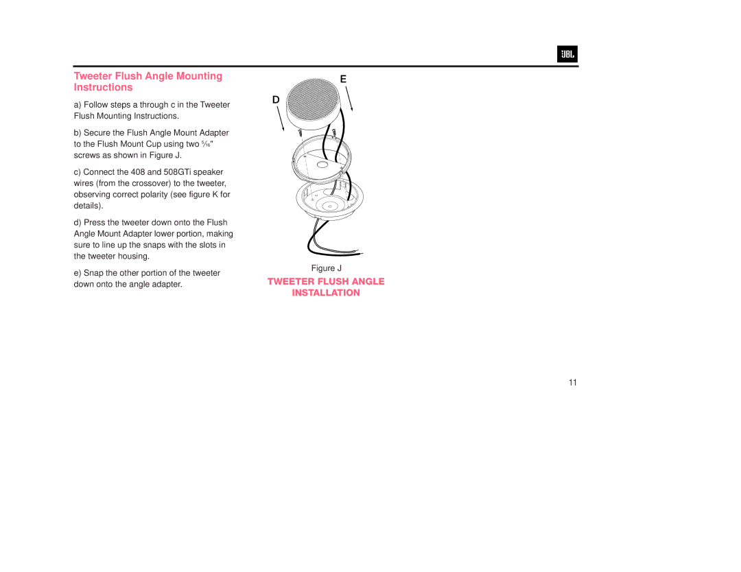 JBL 508GTI manual Tweeter Flush Angle Mounting Instructions, Figure J 