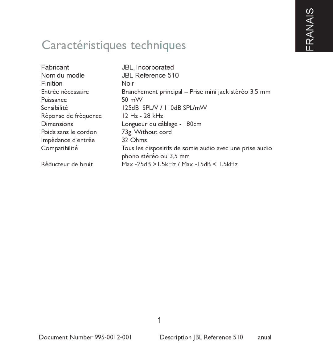 JBL 510 manual Caractéristiques techniques 