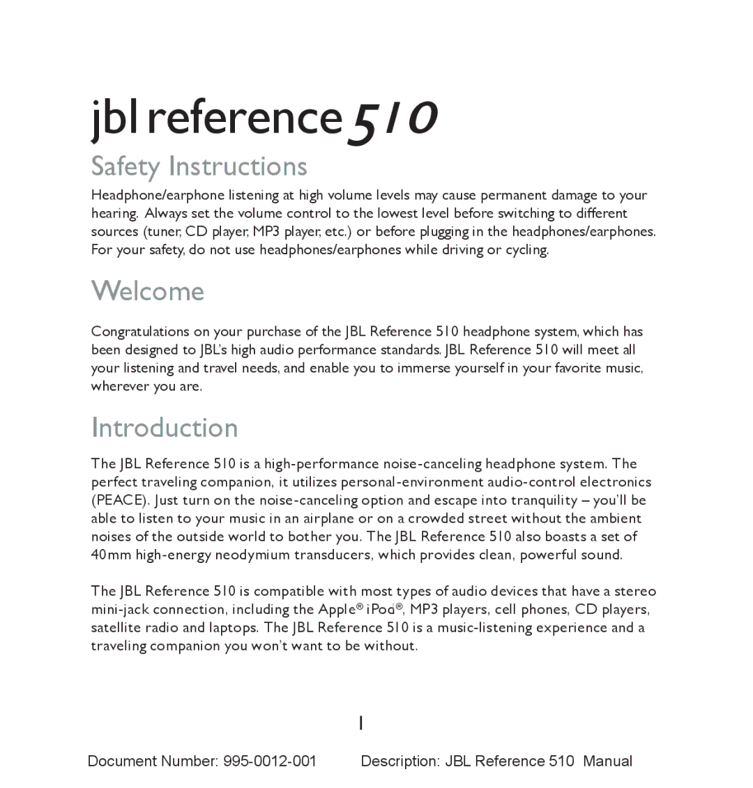 JBL 510 manual Safety Instructions, Welcome, Introduction 