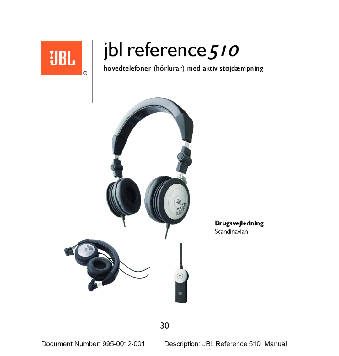 JBL 510 manual Hovedtelefoner hörlurar med aktiv støjdæmpning 