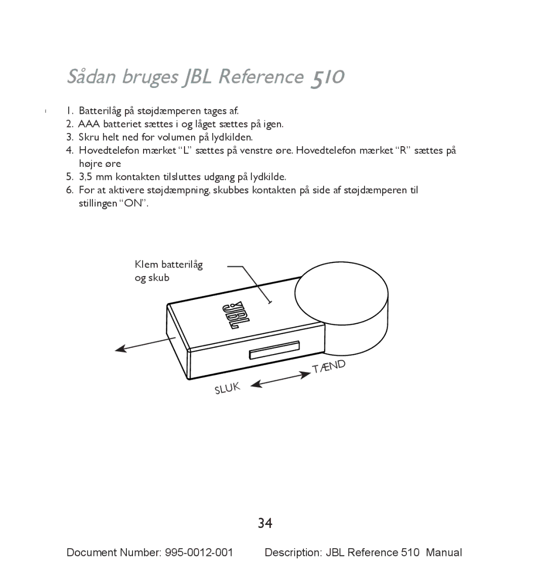 JBL 510 manual Sådan bruges JBL Reference 