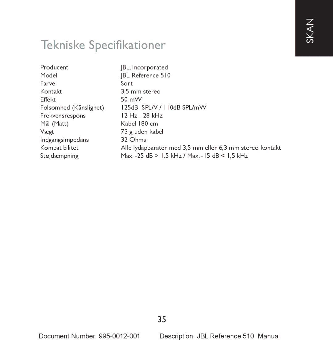 JBL 510 manual Tekniske Specifikationer 