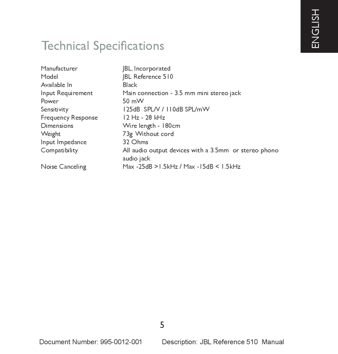 JBL 510 manual Technical Specifications 