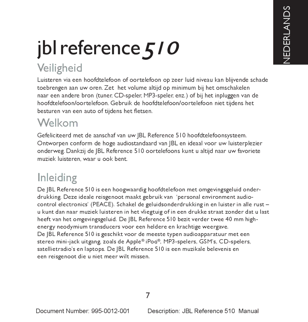 JBL 510 manual Veiligheid, Welkom, Inleiding 