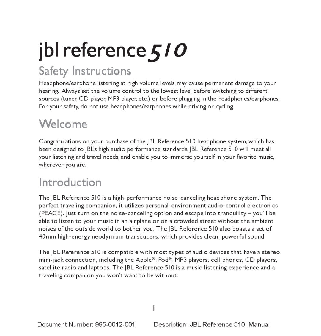 JBL manual jbl reference510, Safety Instructions, Welcome, Introduction 
