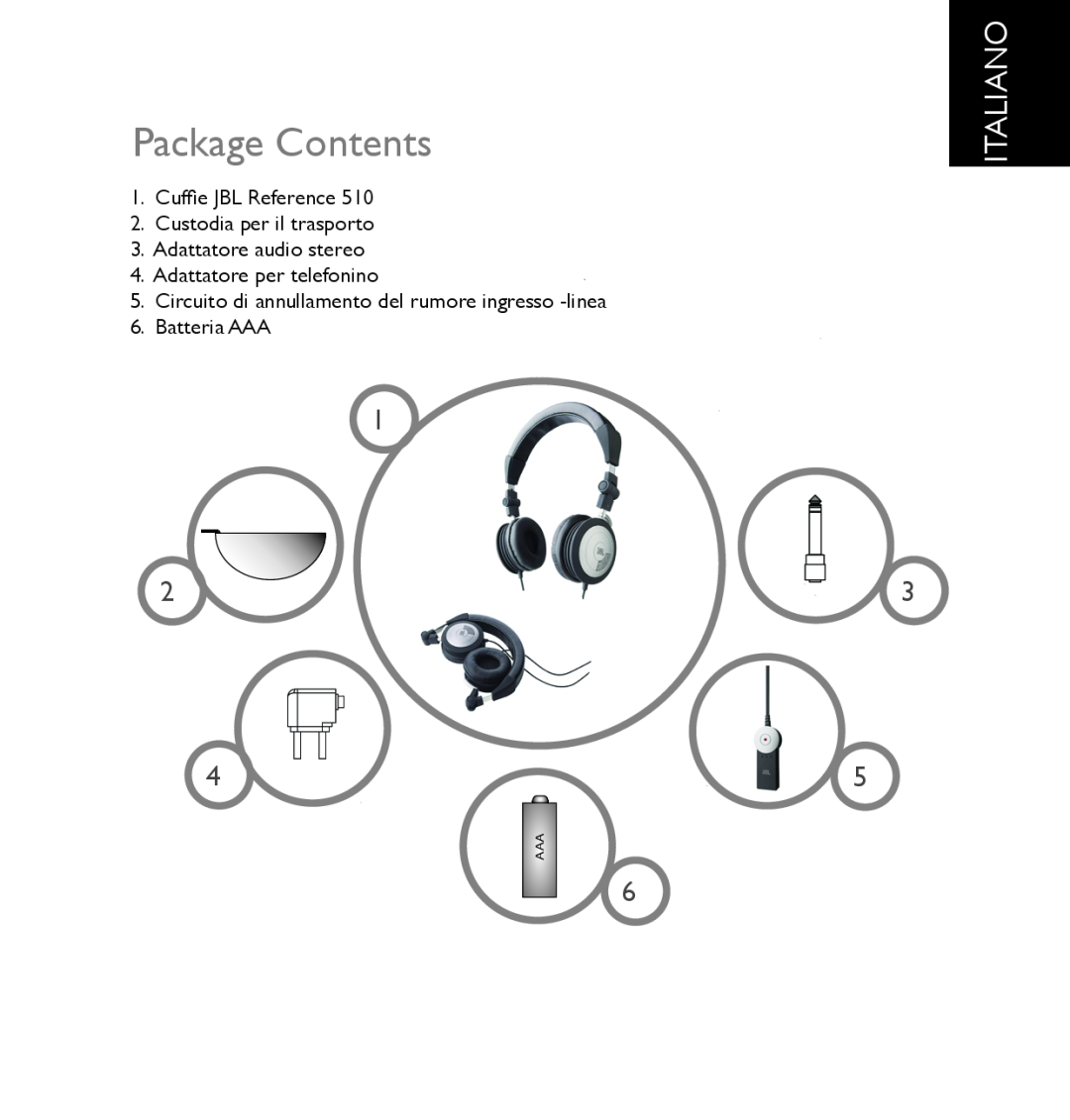 JBL 510 Package Contents, Italiano, Cuffie JBL Reference, Custodia per il trasporto, Adattatore audio stereo, Batteria AAA 