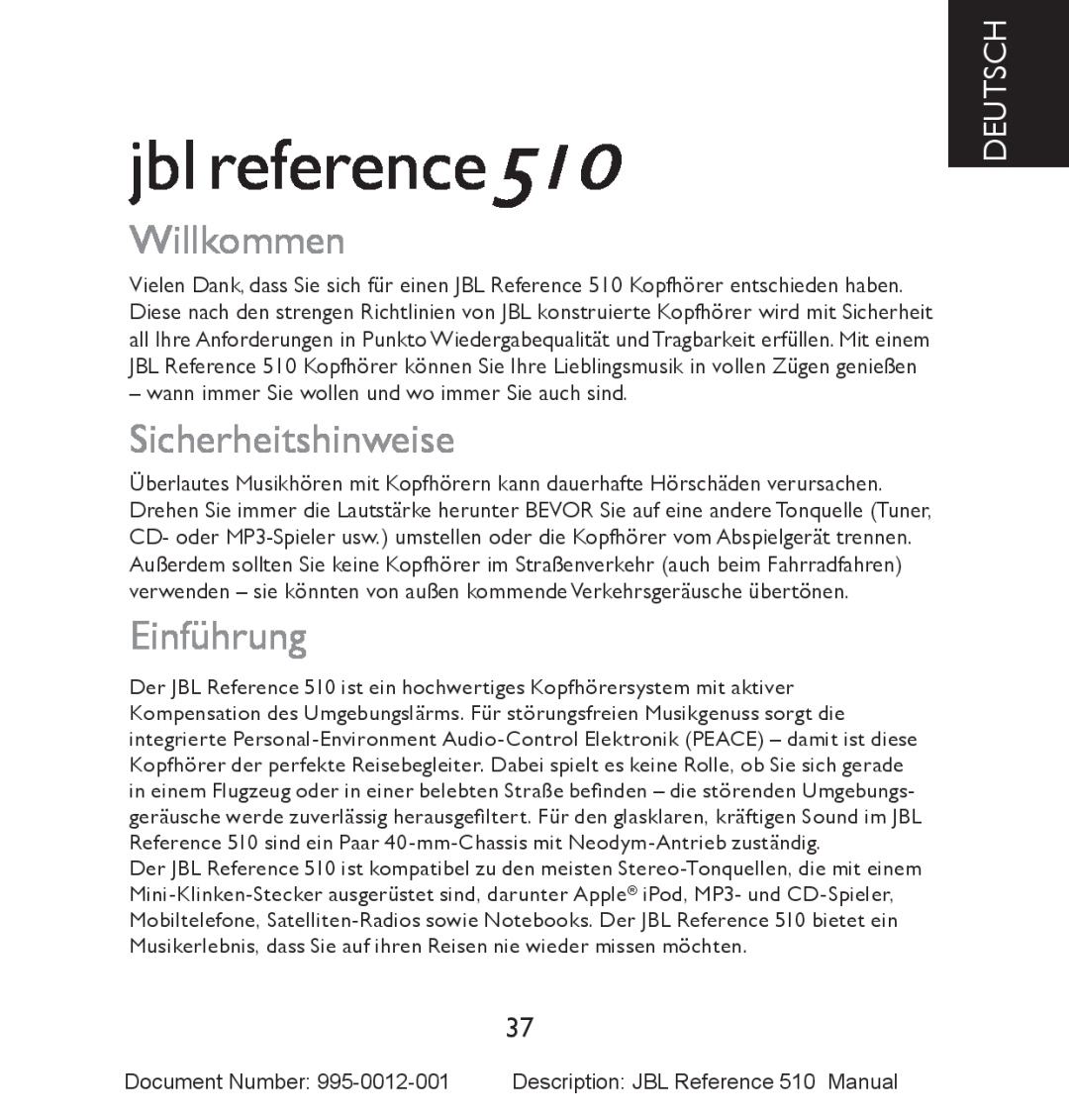 JBL manual Willkommen, Sicherheitshinweise, Einführung, Deutsch, jbl reference510 