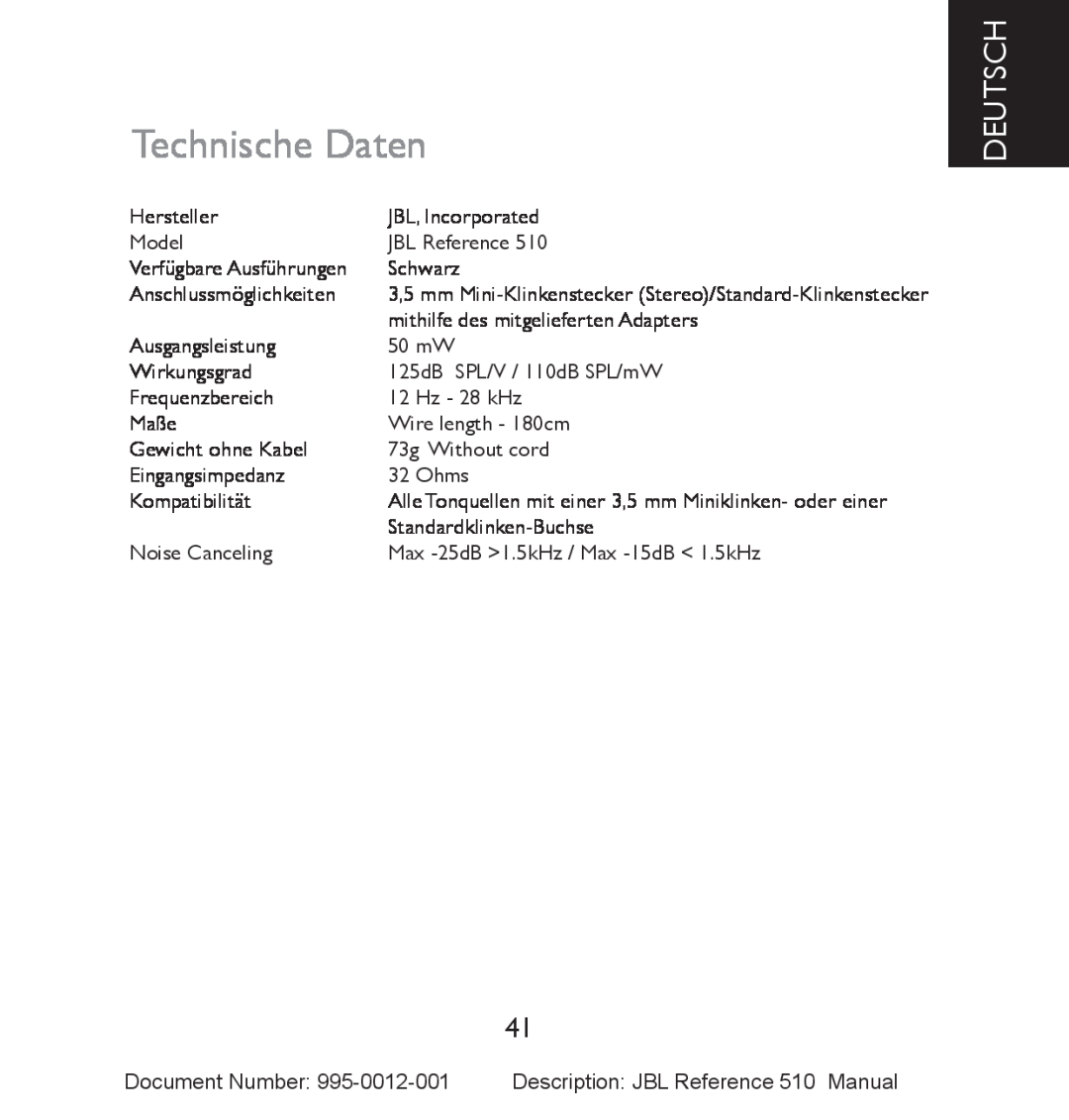 JBL 510 manual Technische Daten, Deutsch 