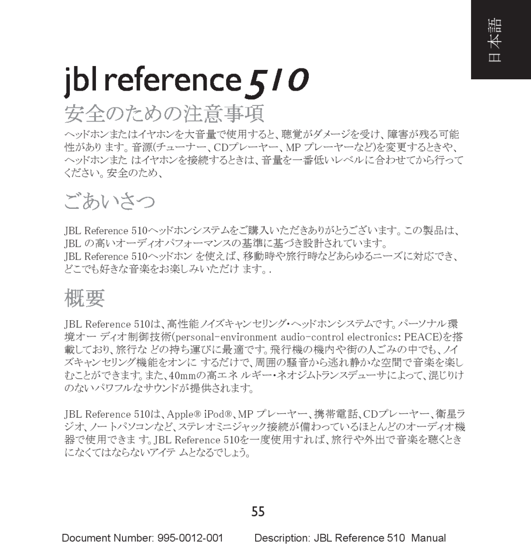 JBL manual 安全のための注意事項, ごあいさつ, jbl reference510 