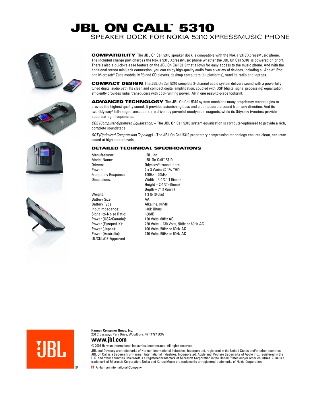 JBL 5310 manual Detailed Technical Specifications 